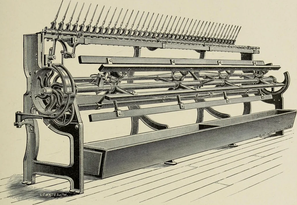 An illustration from The Whitin Machine Works, Whitinsville, Mass. builders of cotton machinery : cards, railway heads, drawing frames, spinning frames, spoolers, wet and dry twisters, reels, long chain quilling machines, looms, etc., etc, 1896, leaf 102