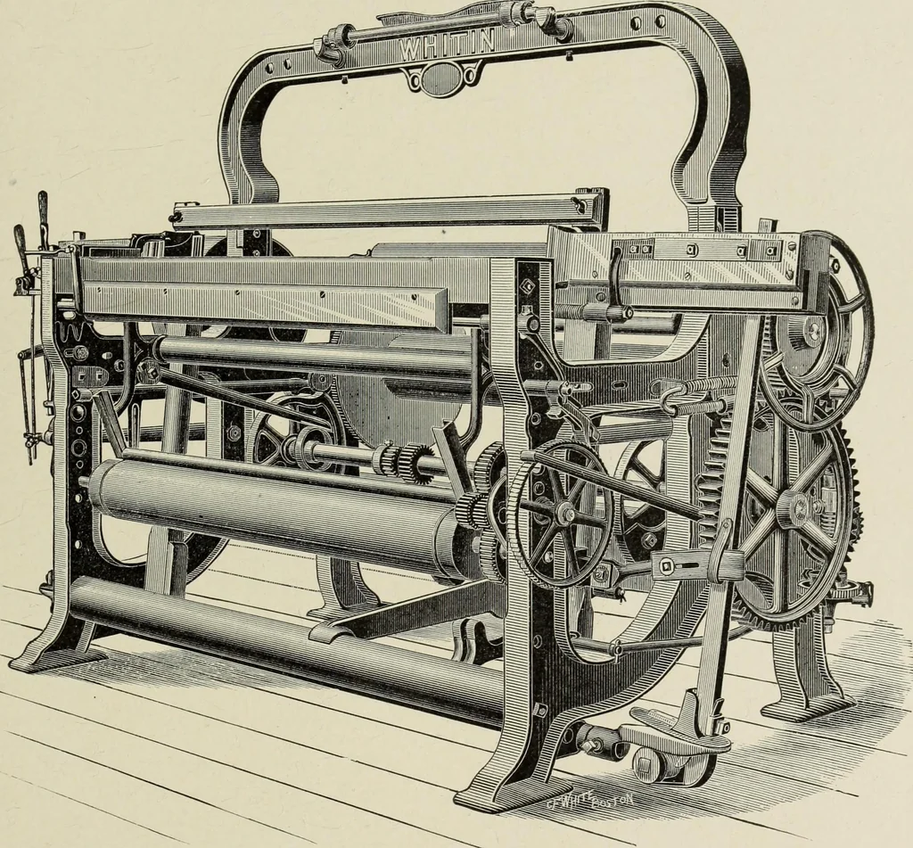 An illustration from The Whitin Machine Works, Whitinsville, Mass. builders of cotton machinery : cards, railway heads, drawing frames, spinning frames, spoolers, wet and dry twisters, reels, long chain quilling machines, looms, etc., etc, 1896, leaf 106