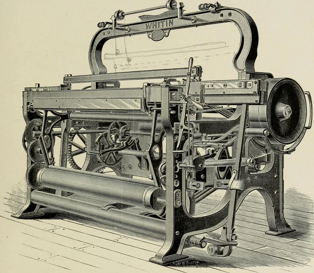 An illustration from The Whitin Machine Works, Whitinsville, Mass. builders of cotton machinery : cards, railway heads, drawing frames, spinning frames, spoolers, wet and dry twisters, reels, long chain quilling machines, looms, etc., etc, 1896, leaf 108