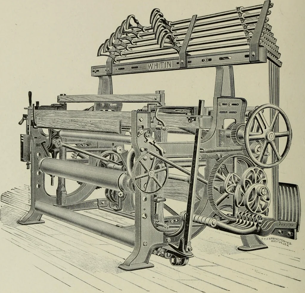 An illustration from The Whitin Machine Works, Whitinsville, Mass. builders of cotton machinery : cards, railway heads, drawing frames, spinning frames, spoolers, wet and dry twisters, reels, long chain quilling machines, looms, etc., etc, 1896, leaf 109