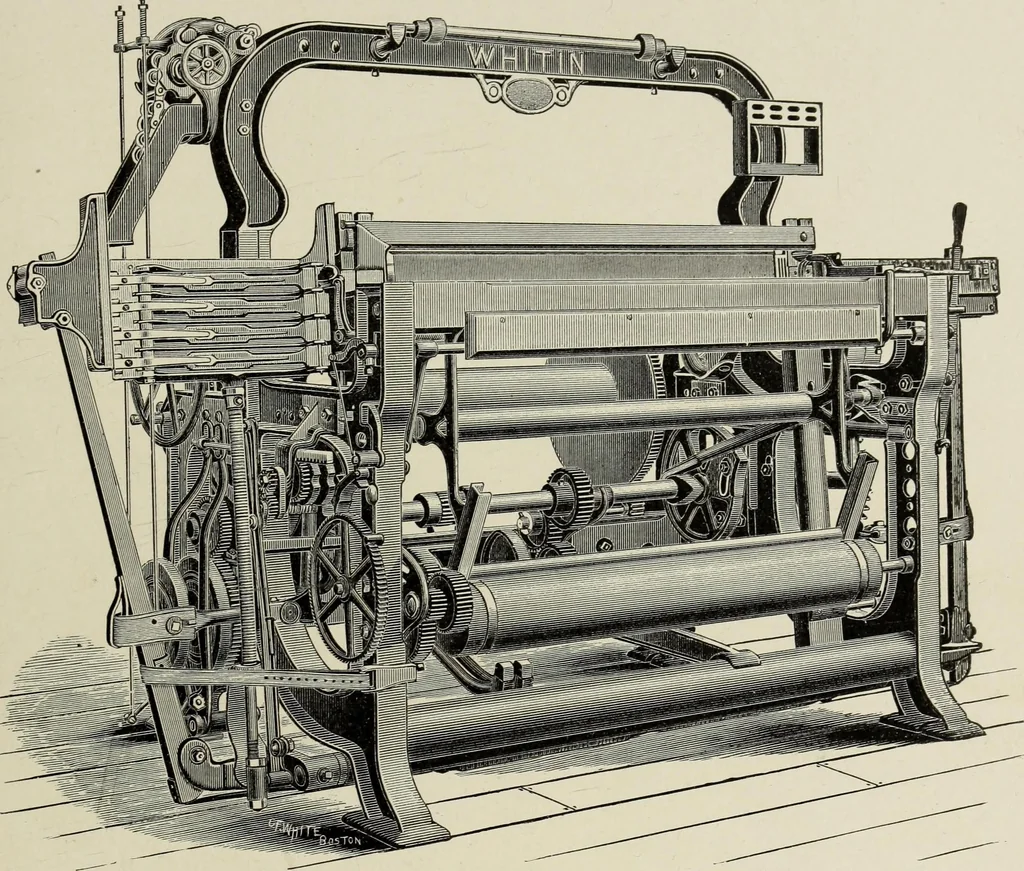 An illustration from The Whitin Machine Works, Whitinsville, Mass. builders of cotton machinery : cards, railway heads, drawing frames, spinning frames, spoolers, wet and dry twisters, reels, long chain quilling machines, looms, etc., etc, 1896, leaf 110