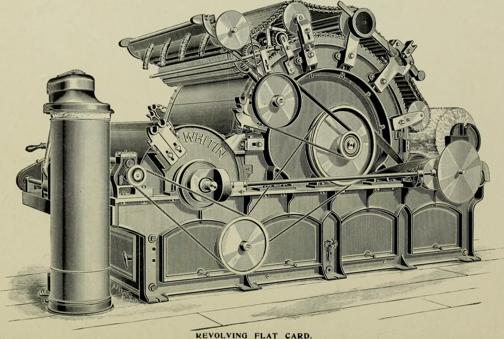 An illustration from The Whitin Machine Works, Whitinsville, Mass. builders of cotton machinery : cards, railway heads, drawing frames, spinning frames, spoolers, wet and dry twisters, reels, long chain quilling machines, looms, etc., etc, 1896, leaf 15
