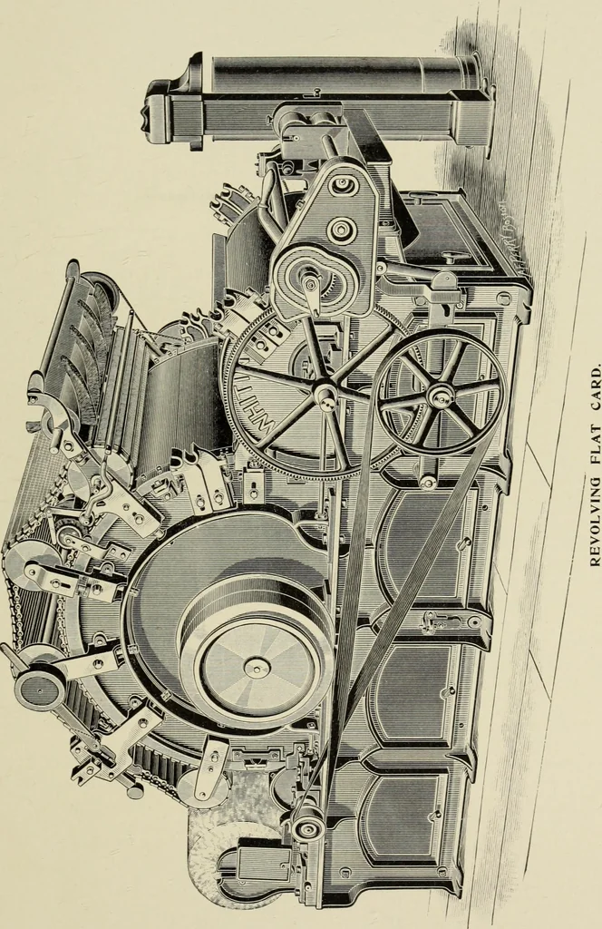 An illustration from The Whitin Machine Works, Whitinsville, Mass. builders of cotton machinery : cards, railway heads, drawing frames, spinning frames, spoolers, wet and dry twisters, reels, long chain quilling machines, looms, etc., etc, 1896, leaf 16