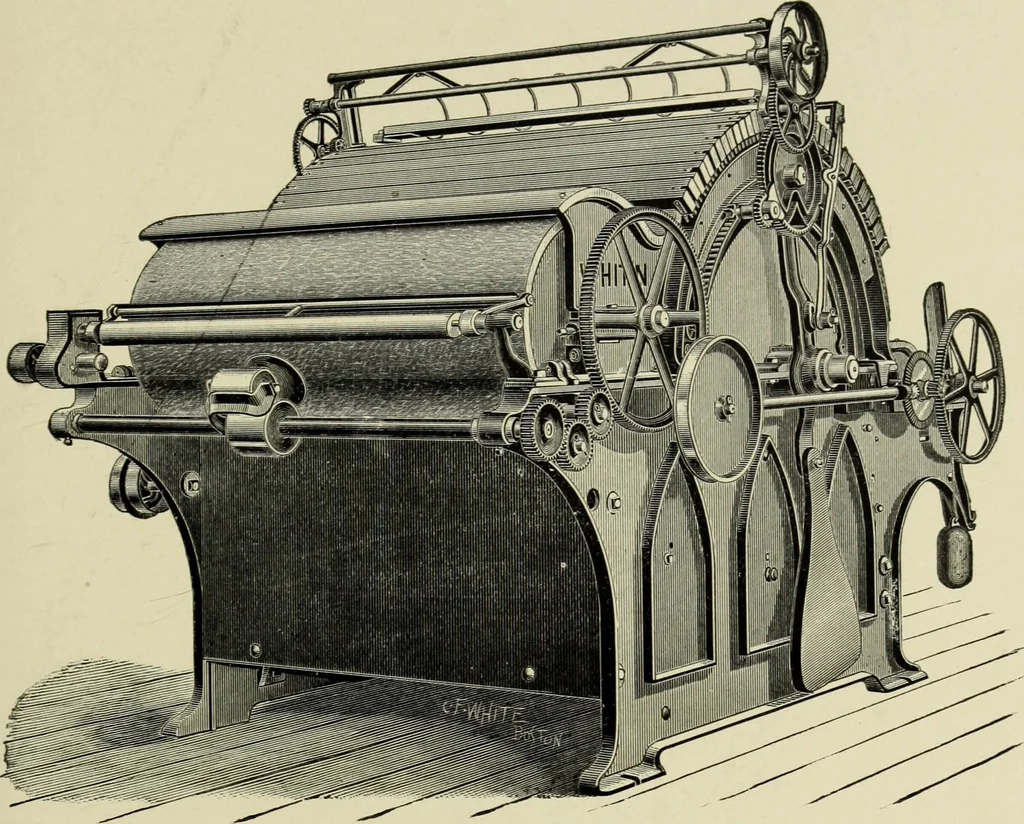 An illustration from The Whitin Machine Works, Whitinsville, Mass. builders of cotton machinery : cards, railway heads, drawing frames, spinning frames, spoolers, wet and dry twisters, reels, long chain quilling machines, looms, etc., etc, 1896, leaf 26