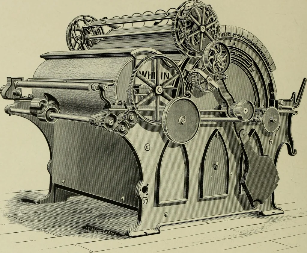 An illustration from The Whitin Machine Works, Whitinsville, Mass. builders of cotton machinery : cards, railway heads, drawing frames, spinning frames, spoolers, wet and dry twisters, reels, long chain quilling machines, looms, etc., etc, 1896, leaf 27