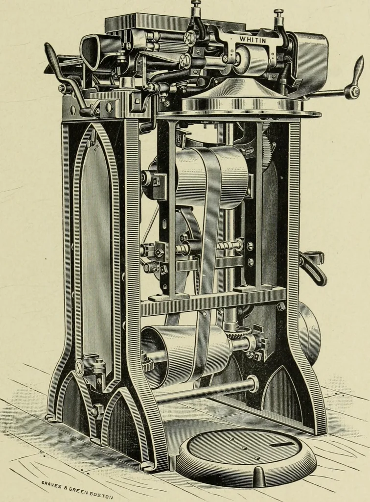 An illustration from The Whitin Machine Works, Whitinsville, Mass. builders of cotton machinery : cards, railway heads, drawing frames, spinning frames, spoolers, wet and dry twisters, reels, long chain quilling machines, looms, etc., etc, 1896, leaf 38