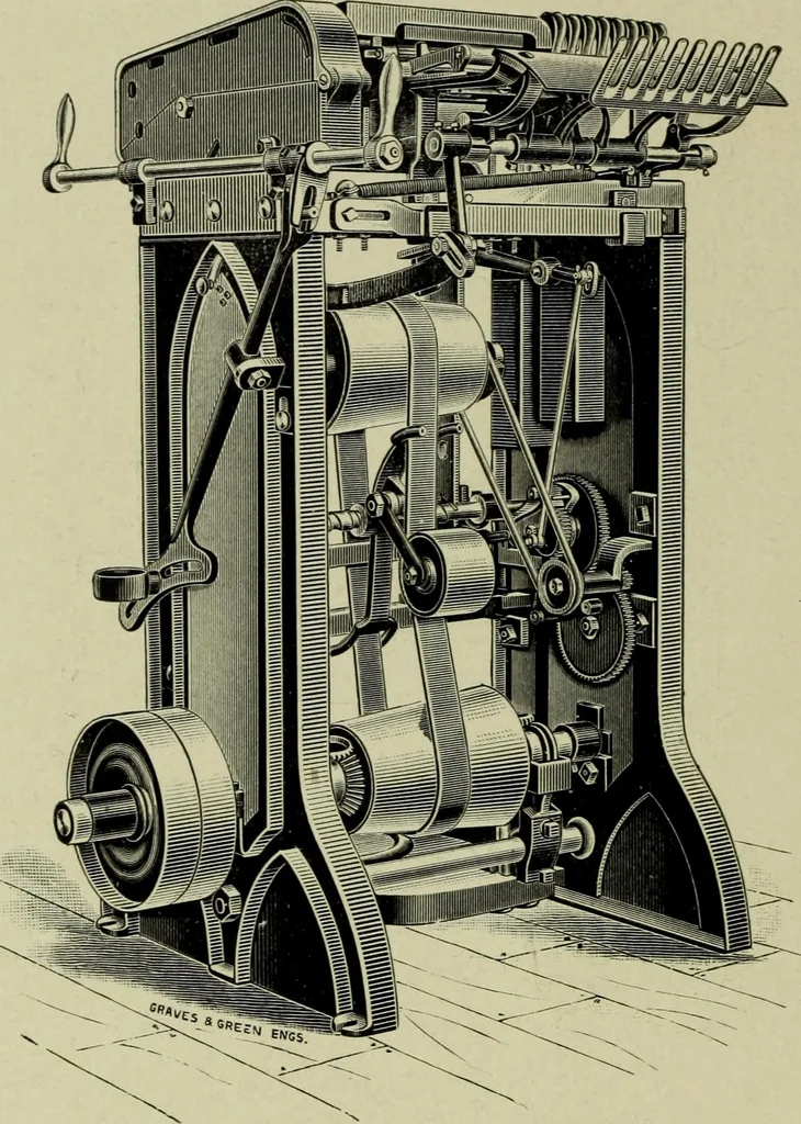 An illustration from The Whitin Machine Works, Whitinsville, Mass. builders of cotton machinery : cards, railway heads, drawing frames, spinning frames, spoolers, wet and dry twisters, reels, long chain quilling machines, looms, etc., etc, 1896, leaf 39