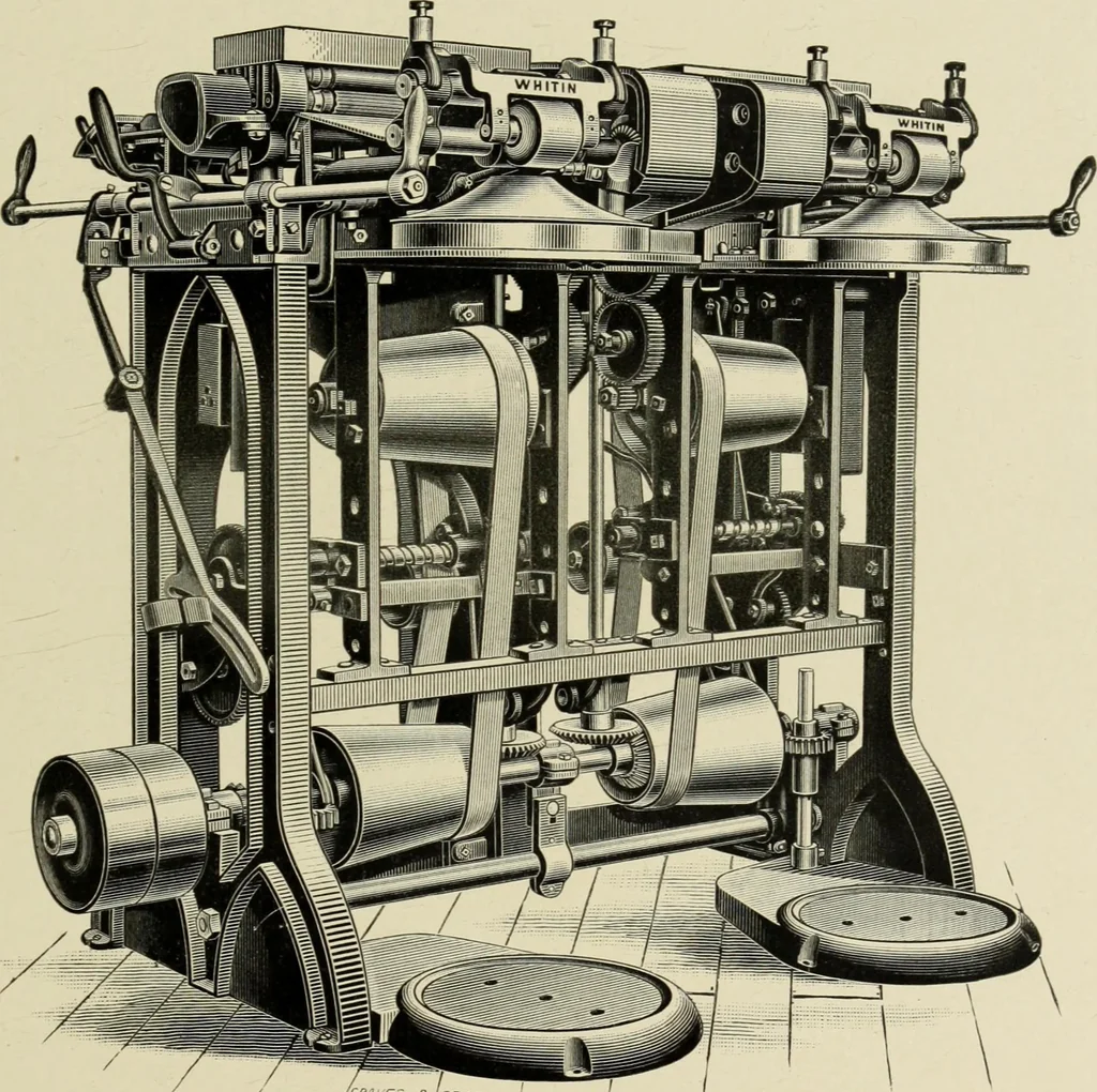 An illustration from The Whitin Machine Works, Whitinsville, Mass. builders of cotton machinery : cards, railway heads, drawing frames, spinning frames, spoolers, wet and dry twisters, reels, long chain quilling machines, looms, etc., etc, 1896, leaf 40