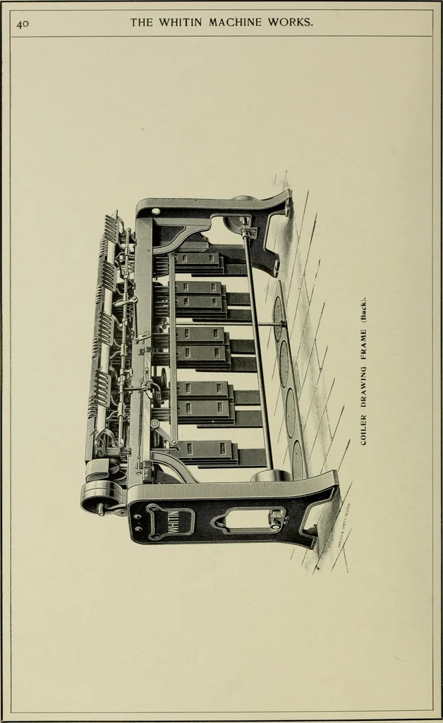 An illustration from The Whitin Machine Works, Whitinsville, Mass. builders of cotton machinery : cards, railway heads, drawing frames, spinning frames, spoolers, wet and dry twisters, reels, long chain quilling machines, looms, etc., etc, 1896, leaf 47