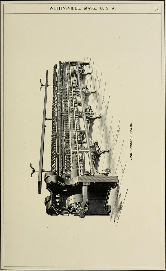 An illustration from The Whitin Machine Works, Whitinsville, Mass. builders of cotton machinery : cards, railway heads, drawing frames, spinning frames, spoolers, wet and dry twisters, reels, long chain quilling machines, looms, etc., etc, 1896, leaf 58