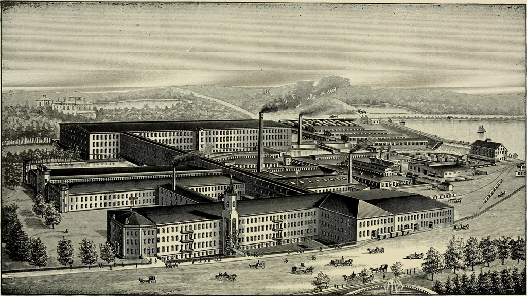 An illustration from The Whitin Machine Works, Whitinsville, Mass. builders of cotton machinery : cards, railway heads, drawing frames, spinning frames, spoolers, wet and dry twisters, reels, long chain quilling machines, looms, etc., etc, 1896, leaf 6