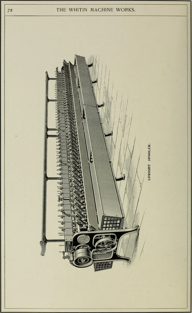 An illustration from The Whitin Machine Works, Whitinsville, Mass. builders of cotton machinery : cards, railway heads, drawing frames, spinning frames, spoolers, wet and dry twisters, reels, long chain quilling machines, looms, etc., etc, 1896, leaf 79