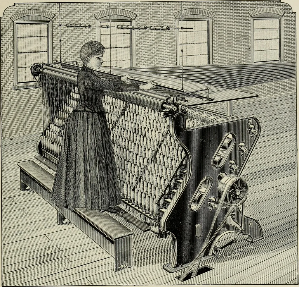 An illustration from The Whitin Machine Works, Whitinsville, Mass. builders of cotton machinery : cards, railway heads, drawing frames, spinning frames, spoolers, wet and dry twisters, reels, long chain quilling machines, looms, etc., etc, 1896, leaf 82