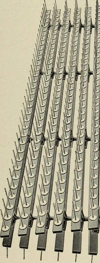 An illustration from The Whitin Machine Works, Whitinsville, Mass. builders of cotton machinery : cards, railway heads, drawing frames, spinning frames, spoolers, wet and dry twisters, reels, long chain quilling machines, looms, etc., etc, 1896, leaf 84
