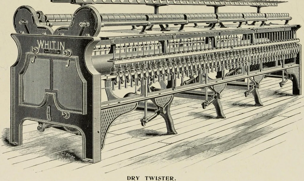 An illustration from The Whitin Machine Works, Whitinsville, Mass. builders of cotton machinery : cards, railway heads, drawing frames, spinning frames, spoolers, wet and dry twisters, reels, long chain quilling machines, looms, etc., etc, 1896, leaf 84