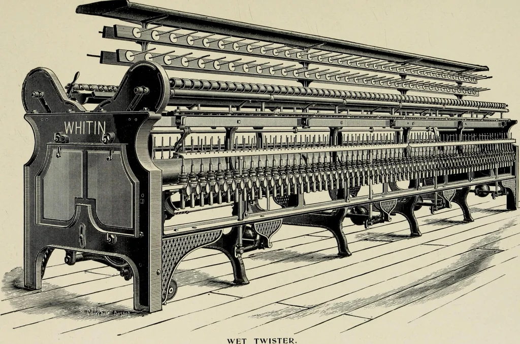 An illustration from The Whitin Machine Works, Whitinsville, Mass. builders of cotton machinery : cards, railway heads, drawing frames, spinning frames, spoolers, wet and dry twisters, reels, long chain quilling machines, looms, etc., etc, 1896, leaf 92