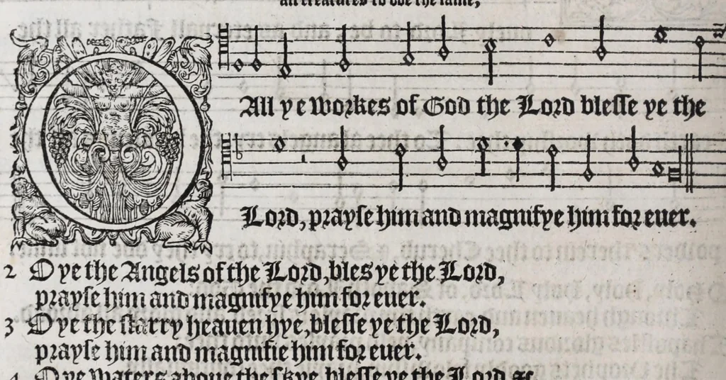 An illustration from The whole booke of Psalmes, 1580, leaf 16