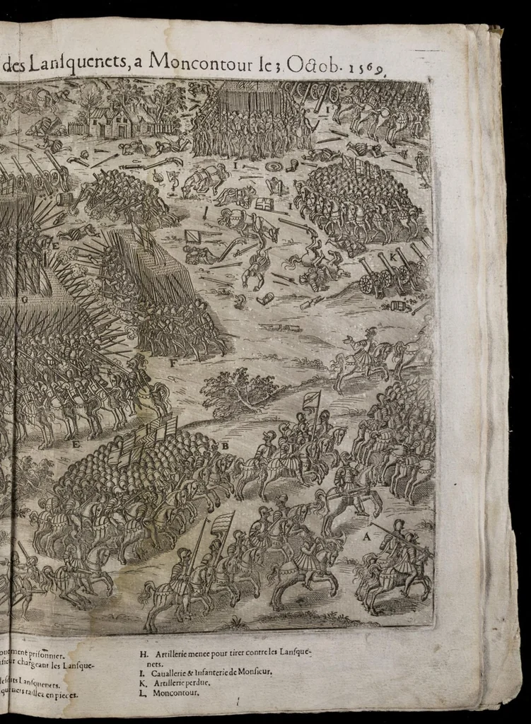An illustration from Le premier volume contenant Quarante tableaux ou histoires diverses qui sont mémorables touchant les guerres, massacres, & troubles advenues en France en ces dernières années, 1575, leaf 130