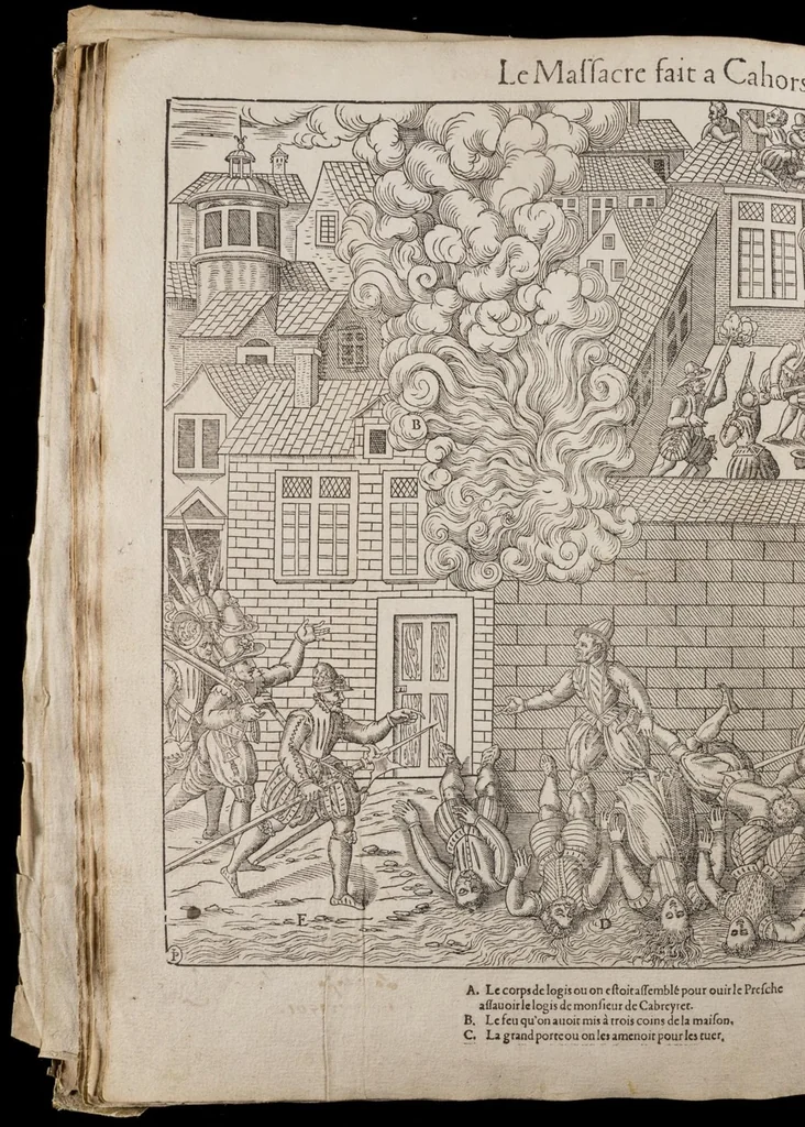 An illustration from Le premier volume contenant Quarante tableaux ou histoires diverses qui sont mémorables touchant les guerres, massacres, & troubles advenues en France en ces dernières années, 1575, leaf 33