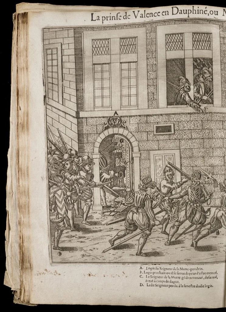 An illustration from Le premier volume contenant Quarante tableaux ou histoires diverses qui sont mémorables touchant les guerres, massacres, & troubles advenues en France en ces dernières années, 1575, leaf 45