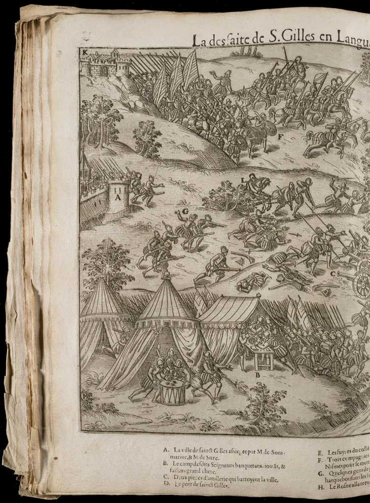 An illustration from Le premier volume contenant Quarante tableaux ou histoires diverses qui sont mémorables touchant les guerres, massacres, & troubles advenues en France en ces dernières années, 1575, leaf 53