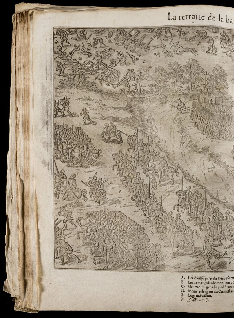 An illustration from Le premier volume contenant Quarante tableaux ou histoires diverses qui sont mémorables touchant les guerres, massacres, & troubles advenues en France en ces dernières années, 1575, leaf 77