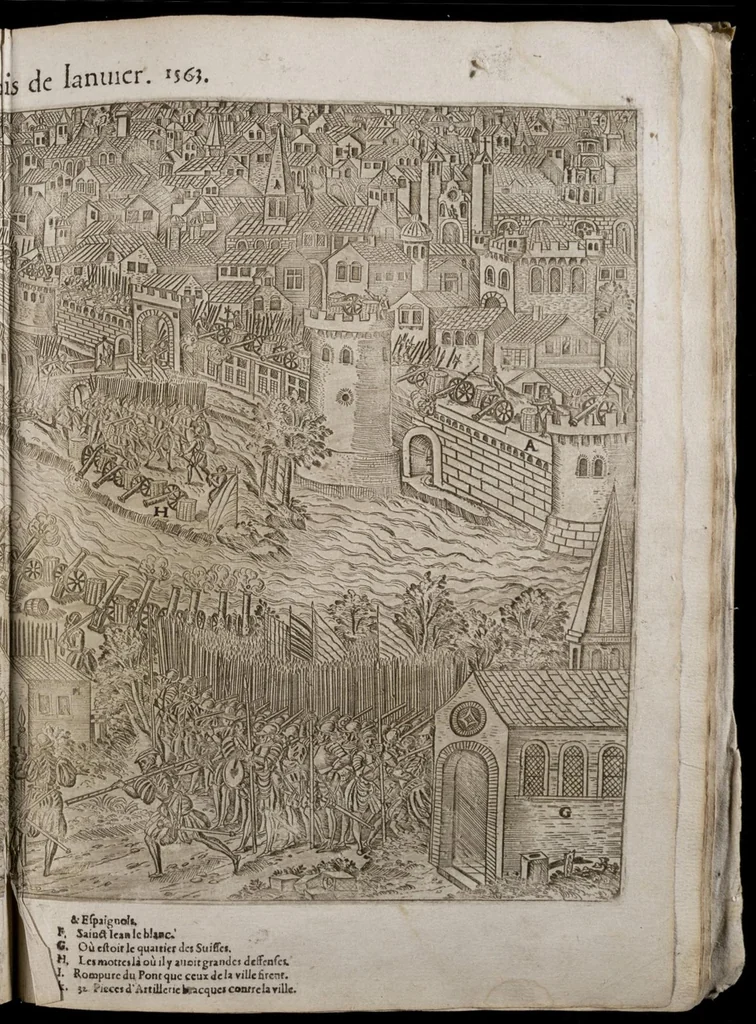 An illustration from Le premier volume contenant Quarante tableaux ou histoires diverses qui sont mémorables touchant les guerres, massacres, & troubles advenues en France en ces dernières années, 1575, leaf 82