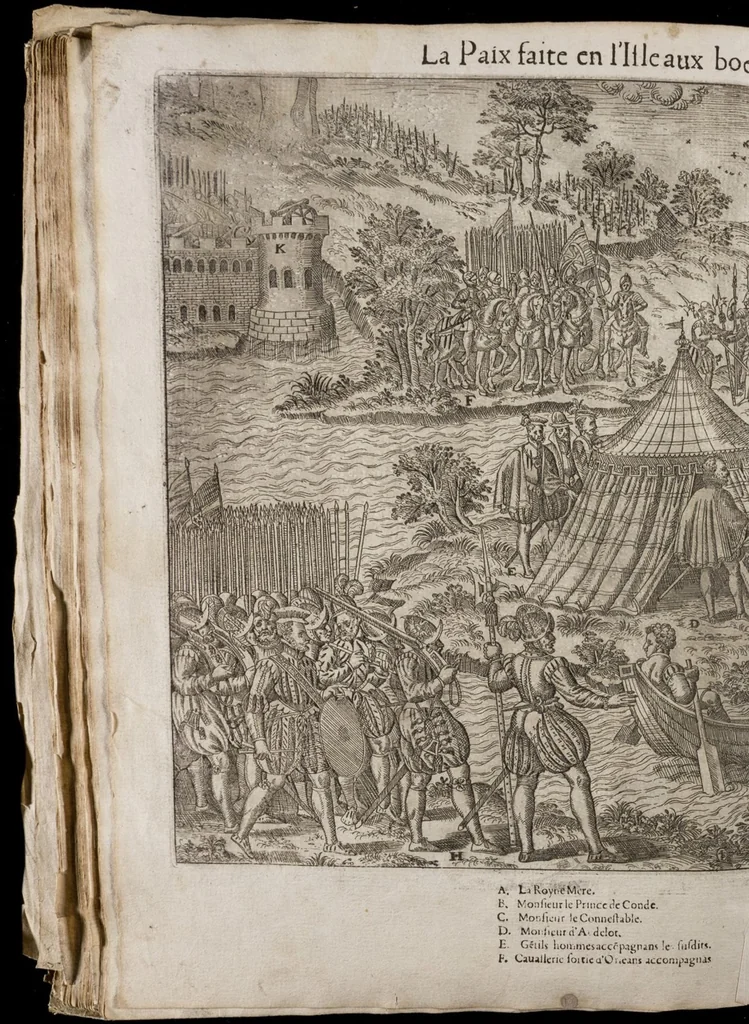 An illustration from Le premier volume contenant Quarante tableaux ou histoires diverses qui sont mémorables touchant les guerres, massacres, & troubles advenues en France en ces dernières années, 1575, leaf 93