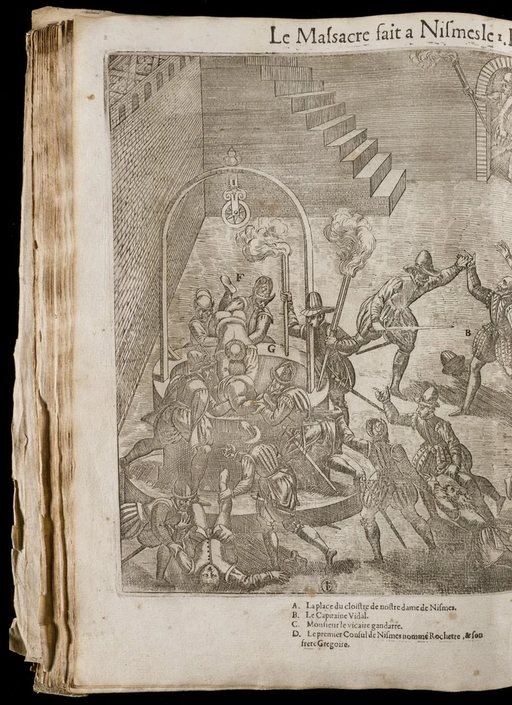 An illustration from Le premier volume contenant Quarante tableaux ou histoires diverses qui sont mémorables touchant les guerres, massacres, & troubles advenues en France en ces dernières années, 1575, leaf 97