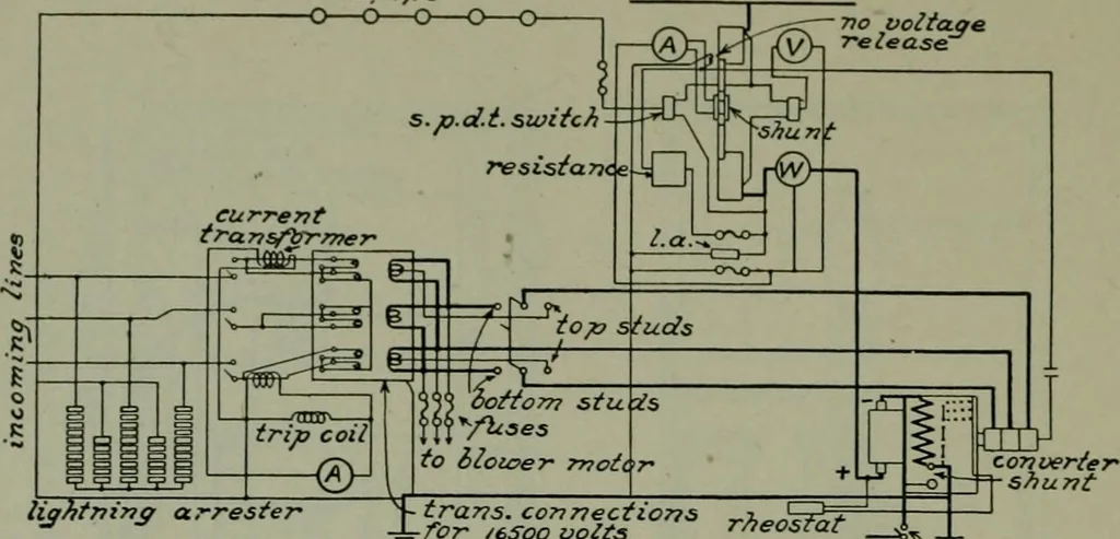 An illustration from Wiring diagrams of electrical apparatus and installations, 1913, leaf 103