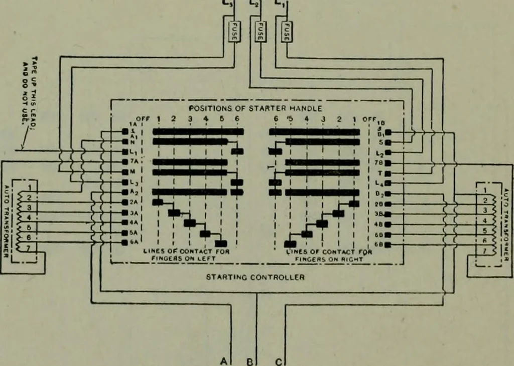 An illustration from Wiring diagrams of electrical apparatus and installations, 1913, leaf 119