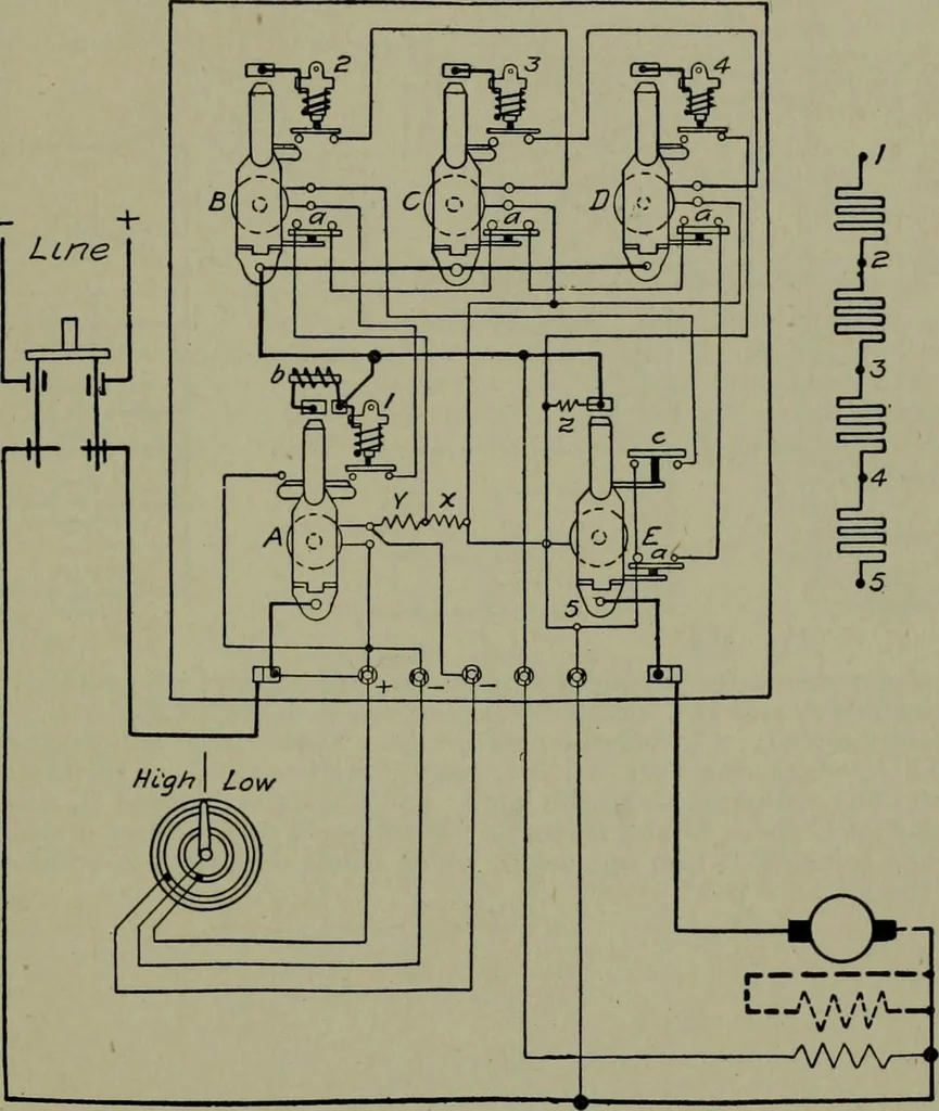 An illustration from Wiring diagrams of electrical apparatus and installations, 1913, leaf 172
