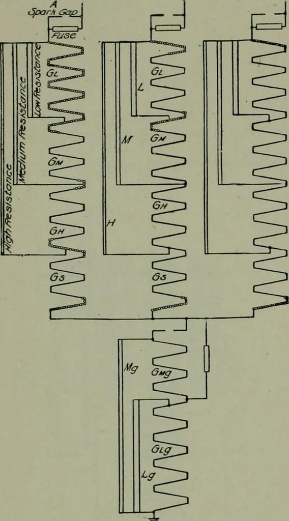 An illustration from Wiring diagrams of electrical apparatus and installations, 1913, leaf 189