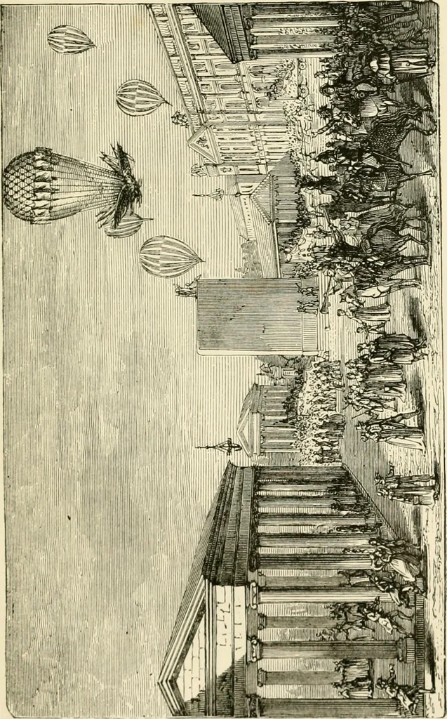 An illustration from Wonderful ballon ascents : or, The conquest of the skies. A history of balloons and balloon voyages, 1870, leaf 166