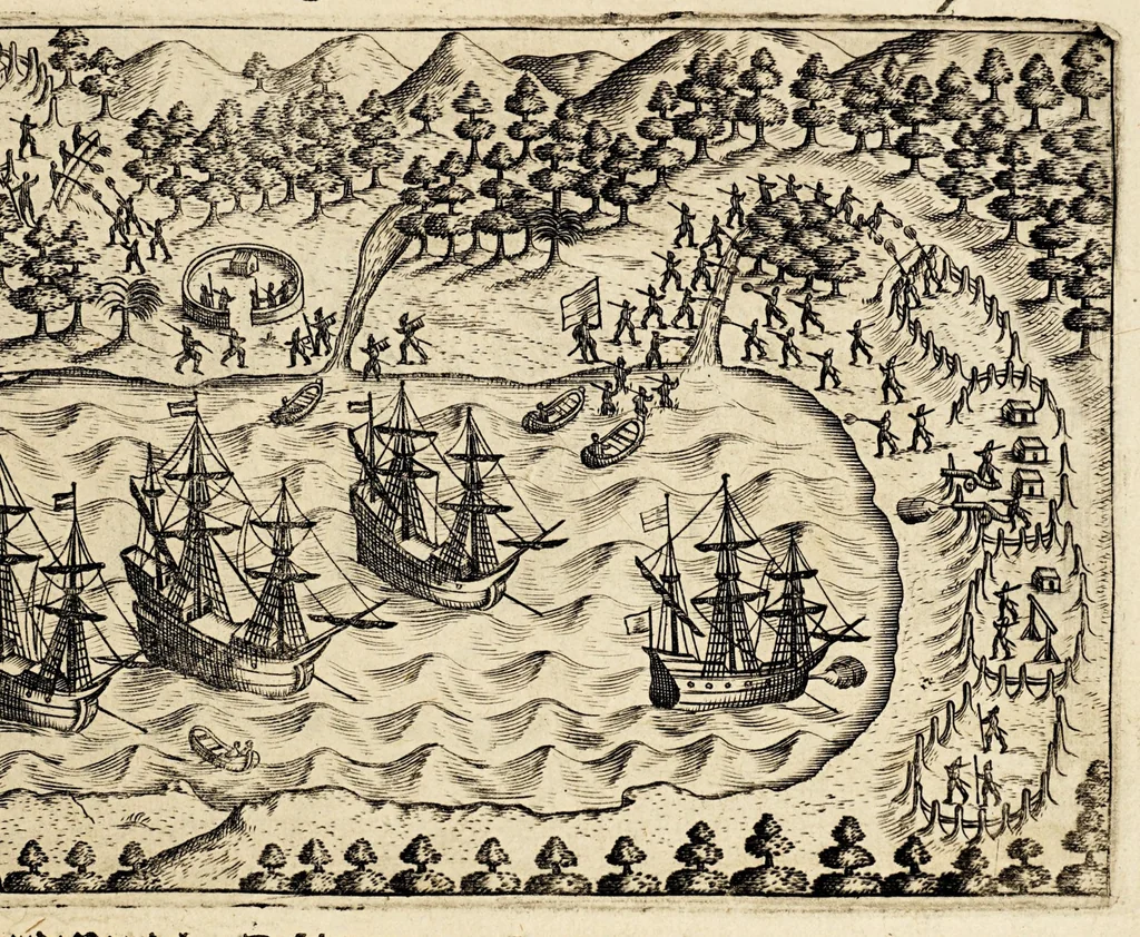 An illustration from Wonderlijcke voyagie, by de Hollanders ghedaen, door de Strate Magalanes, ende voorts den gantschen kloot des aerdtbodems om, met vier schepen : onder den Admirael Olivier van Noort, van Utrecht, uytgevaren anno 1598, 1649, leaf 13