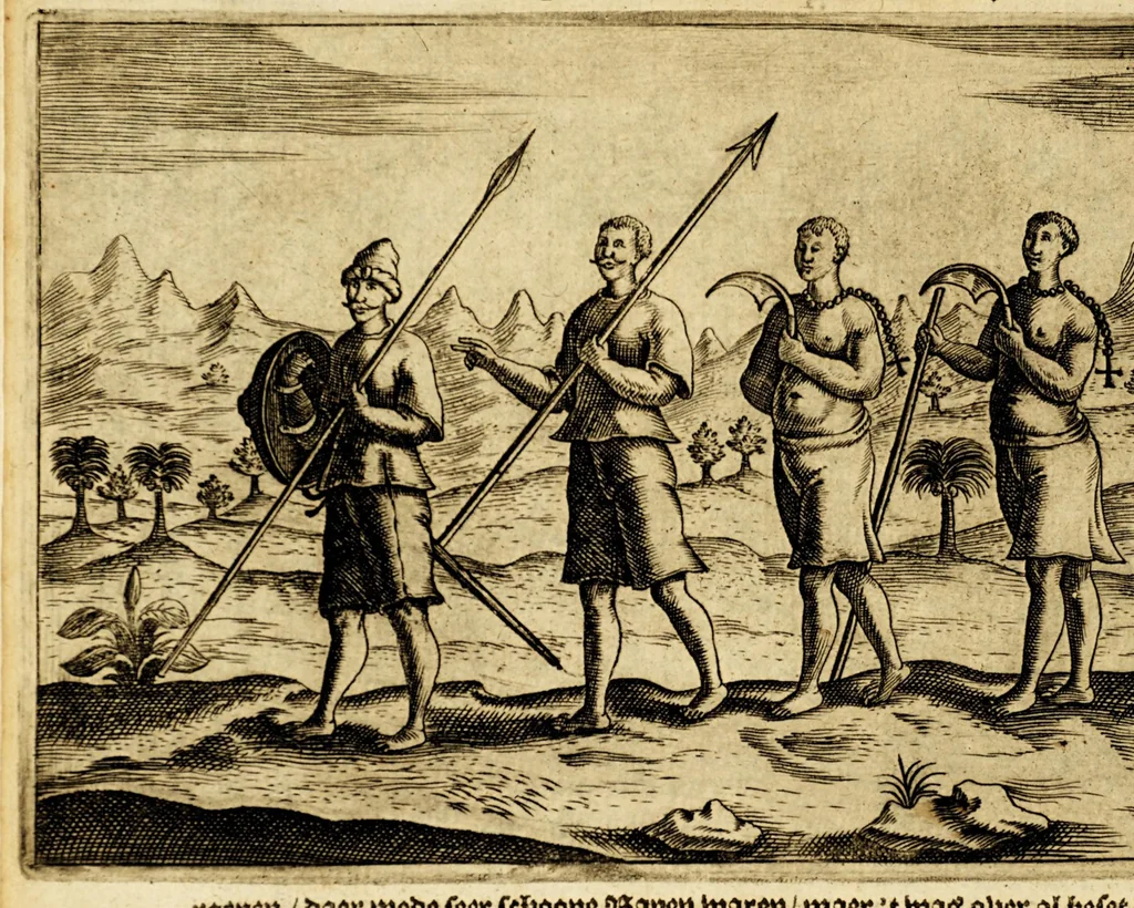 An illustration from Wonderlijcke voyagie, by de Hollanders ghedaen, door de Strate Magalanes, ende voorts den gantschen kloot des aerdtbodems om, met vier schepen : onder den Admirael Olivier van Noort, van Utrecht, uytgevaren anno 1598, 1652, leaf 12