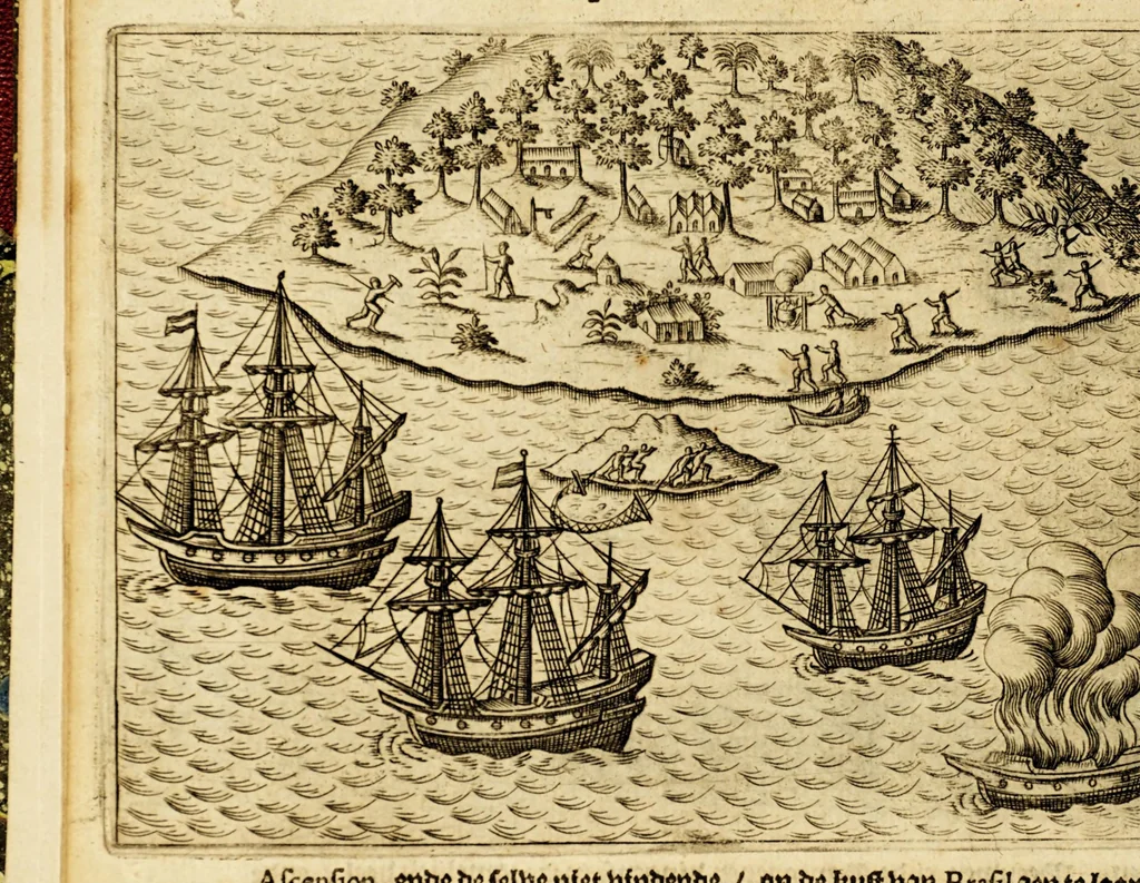 An illustration from Wonderlijcke voyagie, by de Hollanders ghedaen, door de Strate Magalanes, ende voorts den gantschen kloot des aerdtbodems om, met vier schepen : onder den Admirael Olivier van Noort, van Utrecht, uytgevaren anno 1598, 1652, leaf 16