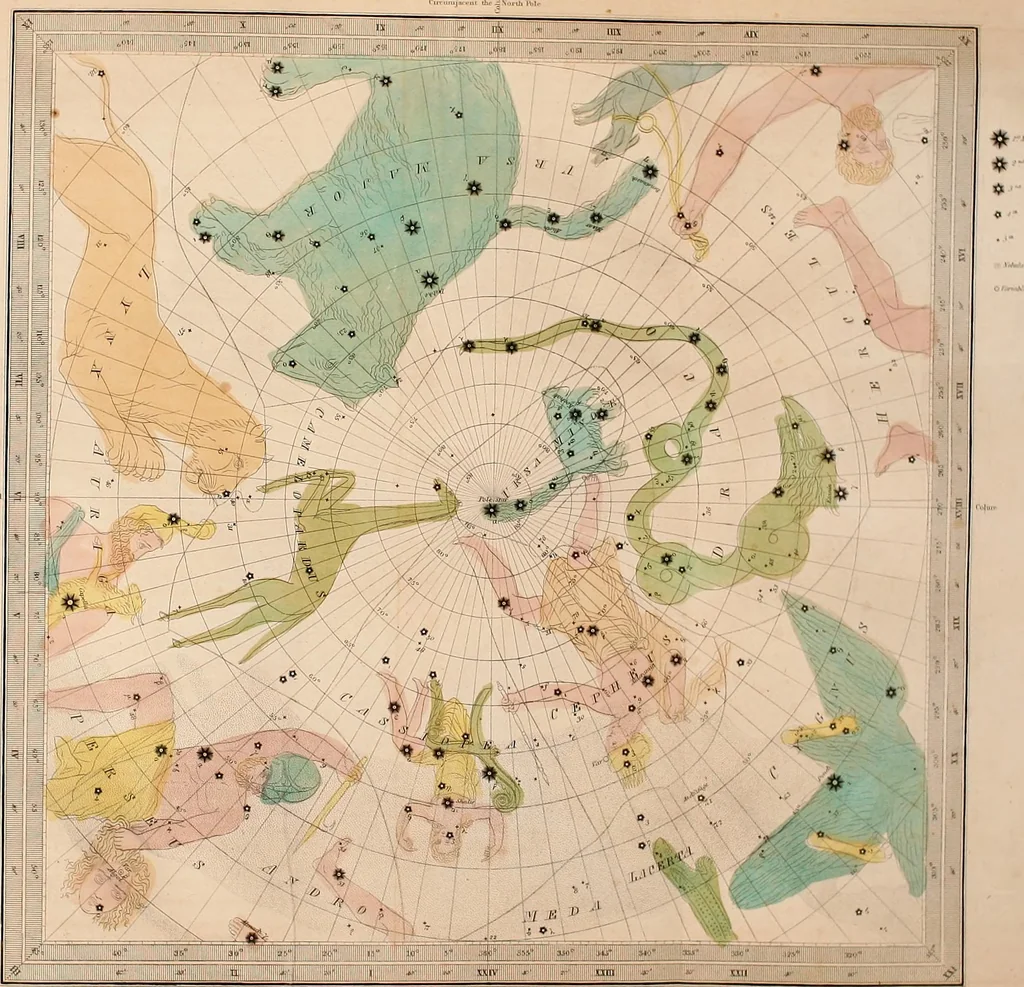 An illustration from The wonders of the heavens, being a popular view of astronomy, including a full illustration of the mechanism of the heavens; embracing the sun, moon, and stars, with descriptions of the planets, comets, fixed stars, double stars, the constellations, the galaxy, or milky-way, the zodiacal light, aurora borealis, or norhtern lights, meteors, clouds, falling stars, aërolites, &c, 1837, leaf 58