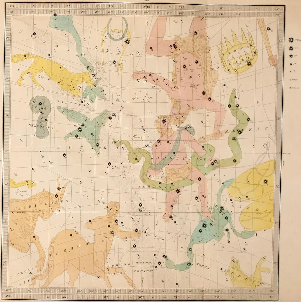 An illustration from The wonders of the heavens, being a popular view of astronomy, including a full illustration of the mechanism of the heavens; embracing the sun, moon, and stars, with descriptions of the planets, comets, fixed stars, double stars, the constellations, the galaxy, or milky-way, the zodiacal light, aurora borealis, or norhtern lights, meteors, clouds, falling stars, aërolites, &c, 1837, leaf 74