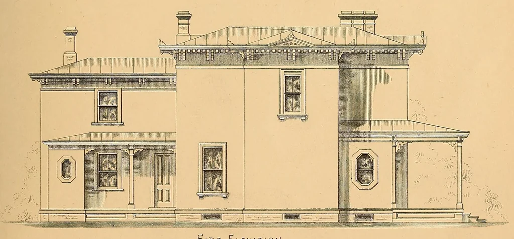 An illustration from Woodward's national architect; containing ... original designs, plans and details, to working scale, for the practical construction of dwelling houses for the country, suburb and village.With full and complete sets of specifications and an estimate of the cost of each design, 1869, leaf 185