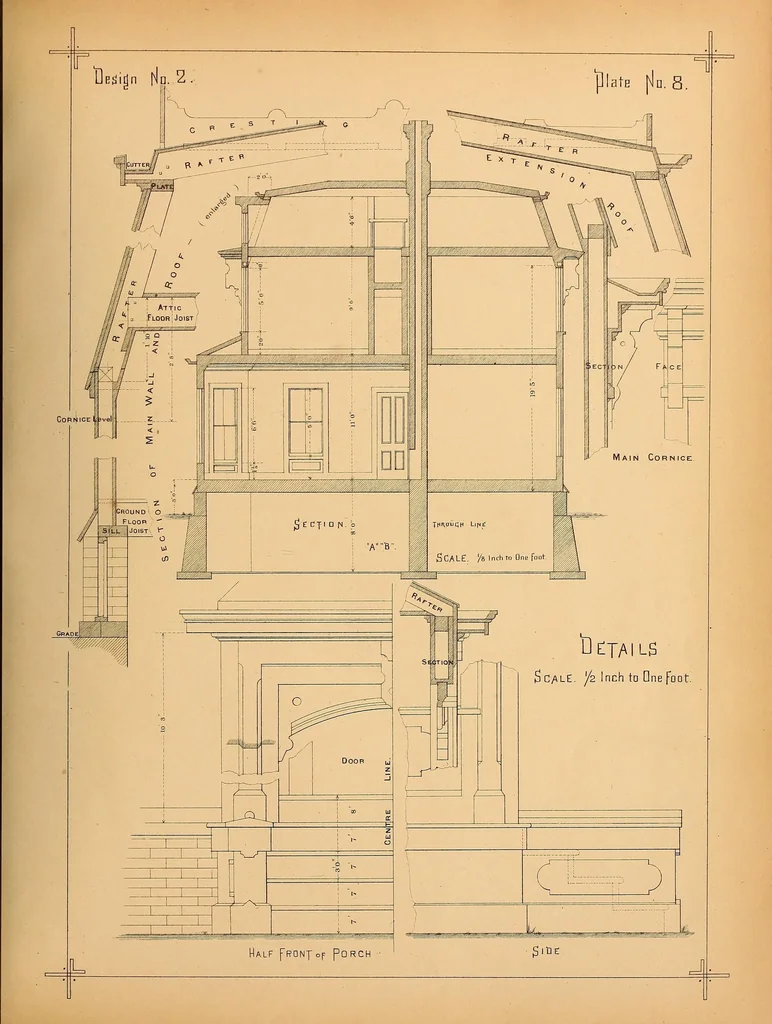 An illustration from Woodward's national architect; containing ... original designs, plans and details, to working scale, for the practical construction of dwelling houses for the country, suburb and village.With full and complete sets of specifications and an estimate of the cost of each design, 1869, leaf 51