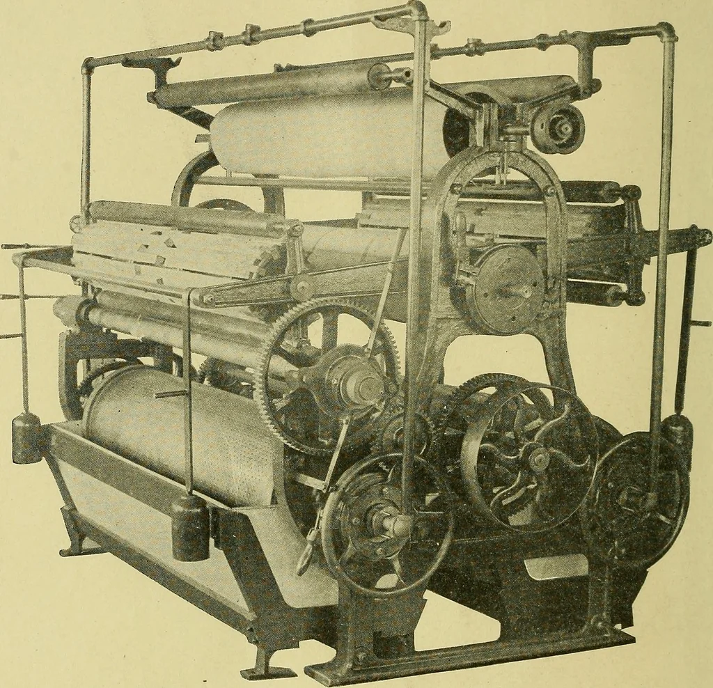 An illustration from Woolen and worsted finishing; a practical manual of instruction in the methods and machinery used in finishing woolen and worsted goods in general, and the processes involved in the special treatment of all types of standard fabrics, 1909, leaf 7