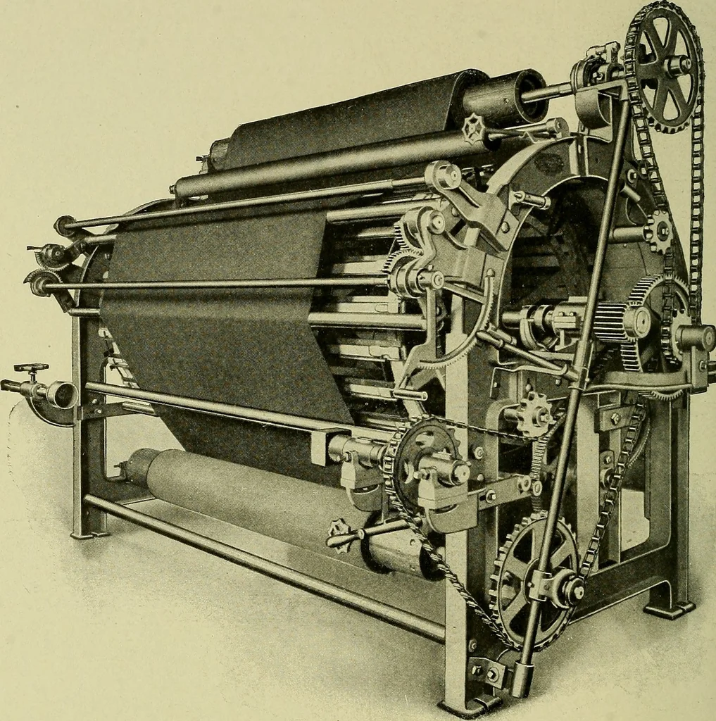An illustration from Woolen and worsted finishing; a practical manual of instruction in the methods and machinery used in finishing woolen and worsted goods in general, and the processes involved in the special treatment of all types of standard fabrics, 1909, leaf 85