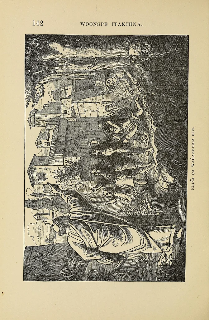 An illustration from Woonspe itakihna. Precept upon precept: tr. into the Dakota language, 1889, leaf 148