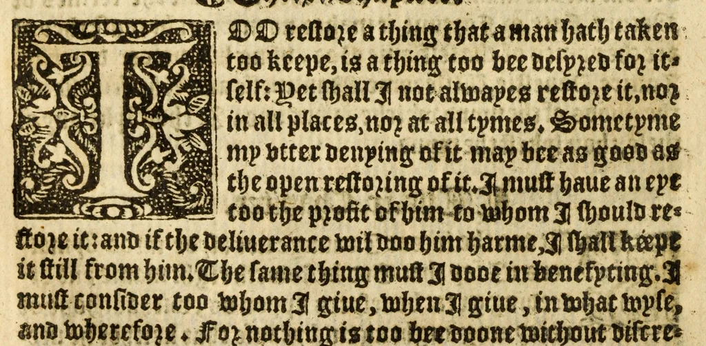 An illustration from The woorke of the excellent philosopher Lucius Annaeus Seneca concerning benefyting : that is too say the dooing, receyuing, and requyting of good turnes, 1578, leaf 114