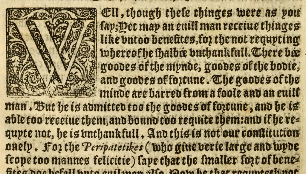An illustration from The woorke of the excellent philosopher Lucius Annaeus Seneca concerning benefyting : that is too say the dooing, receyuing, and requyting of good turnes, 1578, leaf 162