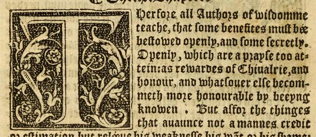 An illustration from The woorke of the excellent philosopher Lucius Annaeus Seneca concerning benefyting : that is too say the dooing, receyuing, and requyting of good turnes, 1578, leaf 42
