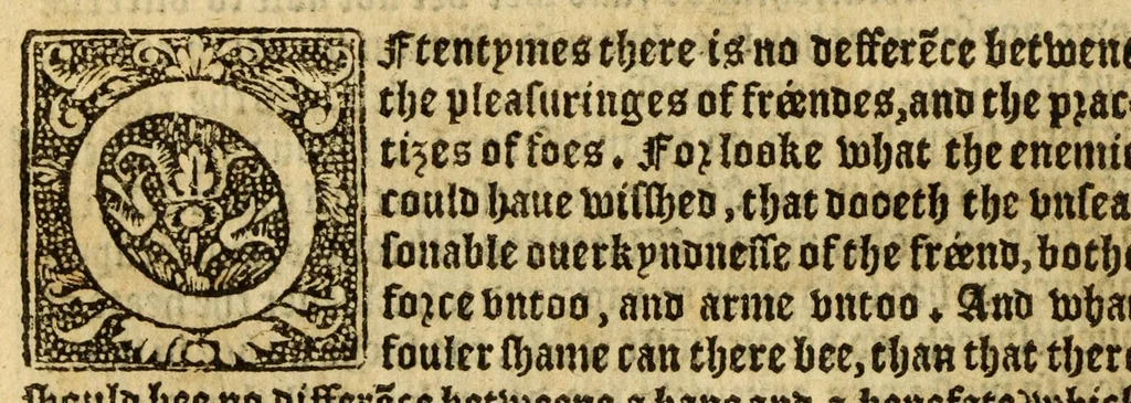 An illustration from The woorke of the excellent philosopher Lucius Annaeus Seneca concerning benefyting : that is too say the dooing, receyuing, and requyting of good turnes, 1578, leaf 48