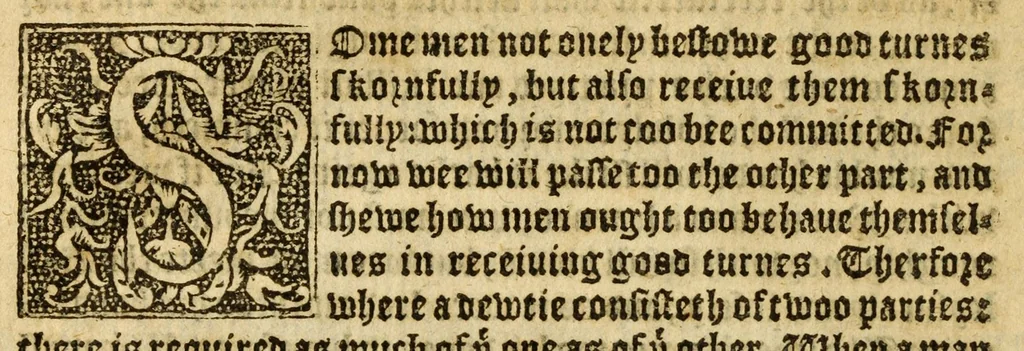 An illustration from The woorke of the excellent philosopher Lucius Annaeus Seneca concerning benefyting : that is too say the dooing, receyuing, and requyting of good turnes, 1578, leaf 52