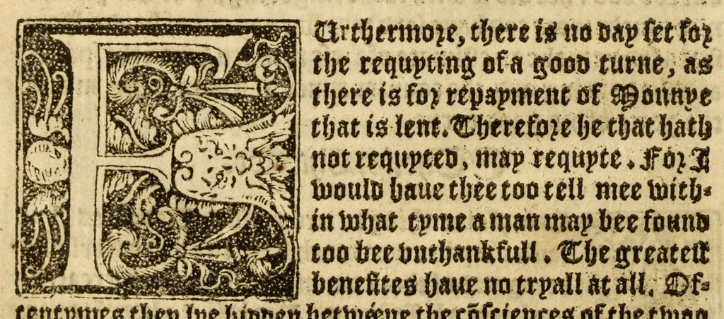 An illustration from The woorke of the excellent philosopher Lucius Annaeus Seneca concerning benefyting : that is too say the dooing, receyuing, and requyting of good turnes, 1578, leaf 78